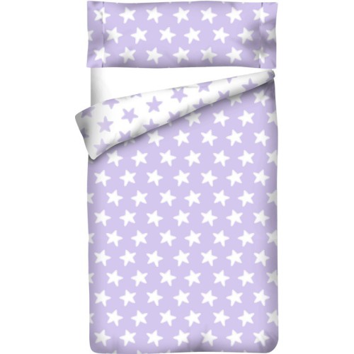 Housse de Couette Réversible Coton ÉTOILES blanc - fond lilas