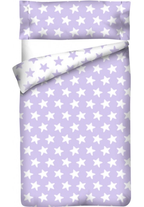 Housse de Couette Réversible Coton ÉTOILES blanc - fond lilas