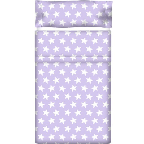 Drap Plat imprimé Coton ÉTOILES blanc - fond lilas