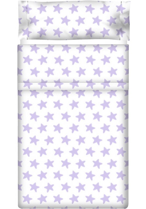 Drap Plat imprimé Coton ÉTOILES lilas - fond blanc