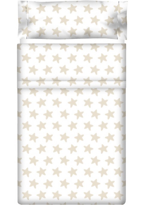 Drap Plat imprimé Coton ÉTOILES sable - fond blanc