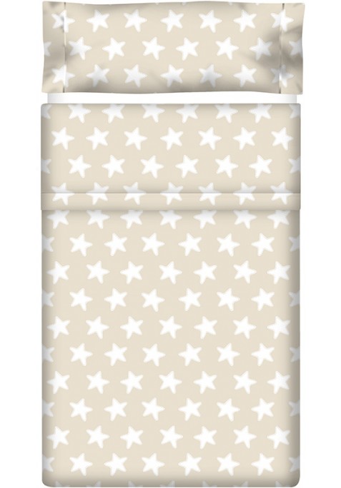 Drap Plat imprimé Coton ÉTOILES blanc - fond sable