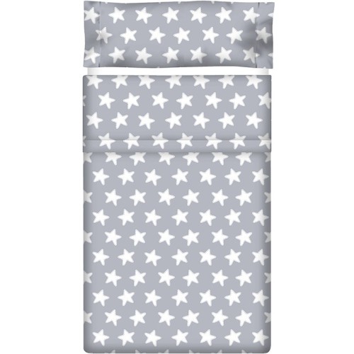 Drap Plat imprimé Coton ÉTOILES blanc - fond gris lune