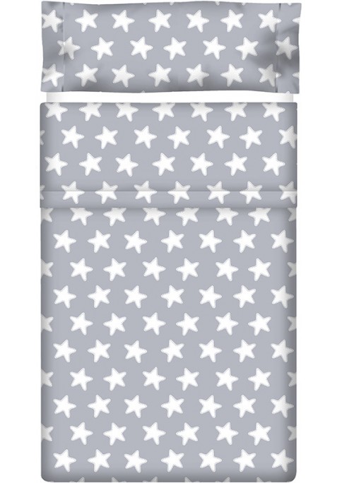 Drap Plat imprimé Coton ÉTOILES blanc - fond gris lune