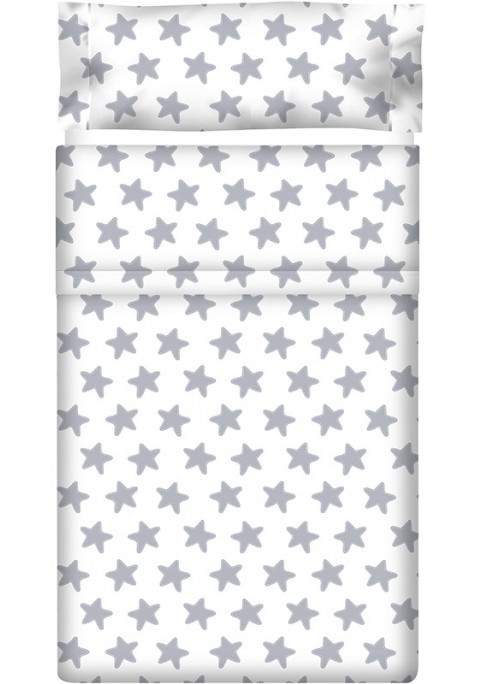 Drap Plat imprimé Coton ÉTOILES gris lune - fond blanc