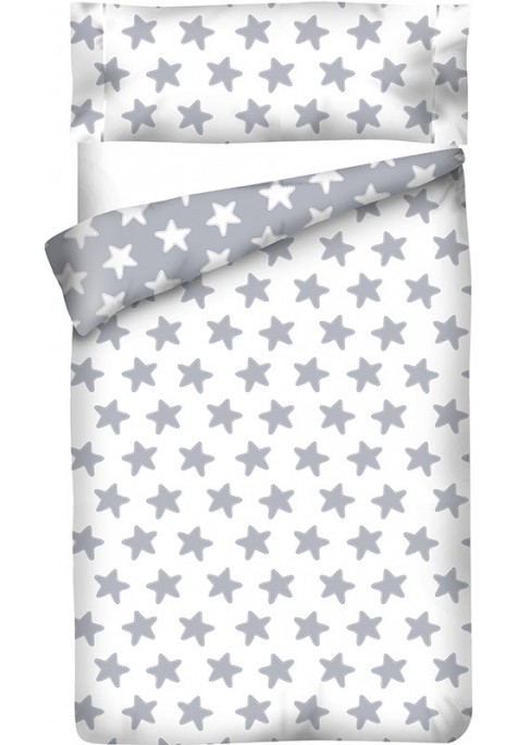 Housse de Couette Réversible Coton ÉTOILES gris lune - fond blanc
