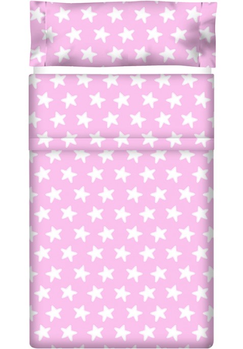 Drap Plat imprimé Coton ÉTOILES blanc - fond rose