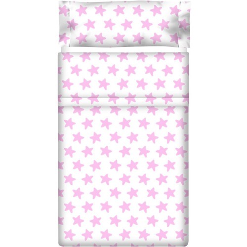 Drap Plat imprimé Coton ÉTOILES rose - fond blanc