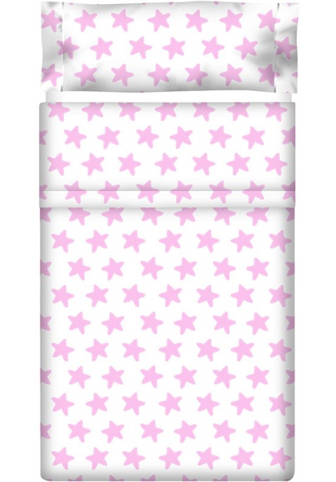 Drap Plat imprimé Coton ÉTOILES rose - fond blanc