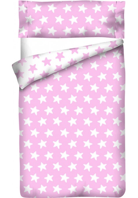 Housse de Couette Réversible Coton ÉTOILES blanc - fond rose