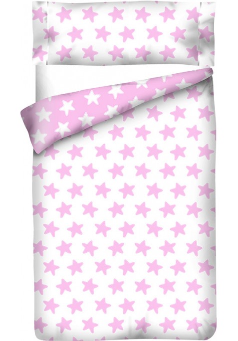 Housse de Couette Réversible Coton ÉTOILES rose - fond blanc