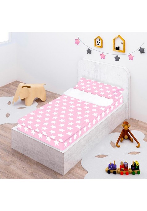Prêt à Dormir - Facile à Border - Zippé et Extensible Coton ÉTOILES BLANC - FOND ROSE - Taille: 70 x 160 cm - Sans Couette