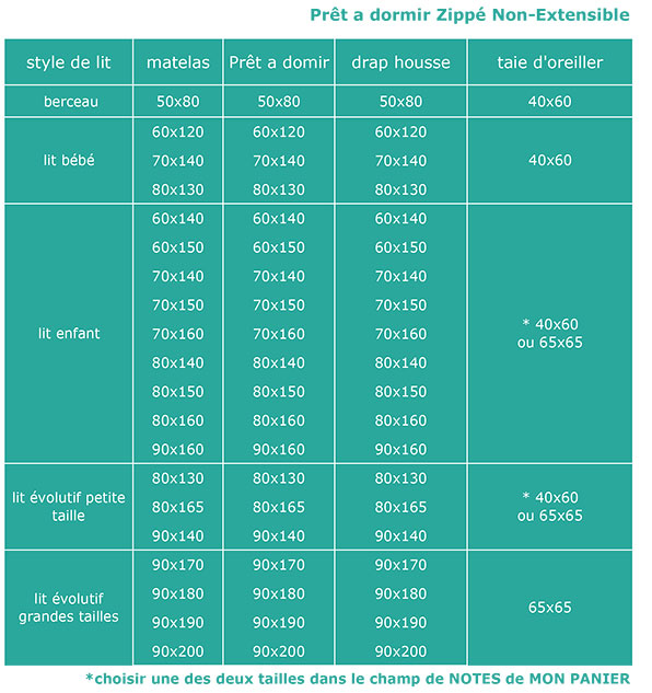 GUIDE DES TAILLES PRÊT À DORMIR NON-EXTENSIBLE
